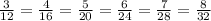 \frac{3}{12} = \frac{4}{16} = \frac{5}{20} = \frac{6}{24} = \frac{7}{28} = \frac{8}{32}