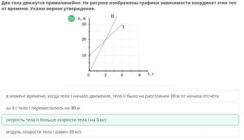 Два тела движутся прямолинейно. На рисунке изображены графики зависимости координат этих тел от врем