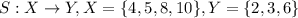 S: X\to Y, X=\{4,5,8,10\},Y=\{2,3,6\}