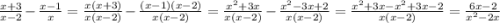 \frac{x+3}{x-2} -\frac{x-1}{x} =\frac{x(x+3)}{x(x-2)} -\frac{(x-1)(x-2)}{x(x-2)} =\frac{x^{2}+3x}{x(x-2)} -\frac{x^{2}-3x+2}{x(x-2)} =\frac{x^{2}+3x-x^{2}+3x-2}{x(x-2)} =\frac{6x-2}{x^{2}-2x}