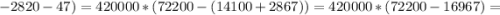 -2820-47)=420000*(72200-(14100+2867))=420000*(72200-16967)=