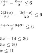 \frac{2+x}{3}-\frac{6-x}{2}\leq 6\\\\\frac{2(2+x)}{2\cdot 3} - \frac{3(6-x)}{3\cdot 2}\leq6\\\\\frac{4+2x-18+3x}{6} \leq 6\\\\5x-14 \leq 36\\5x\leq50\\x\leq 10