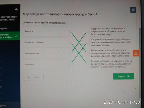 Соотнеси части текста-повествования, Гордо выплыл«Арго» из гаваниВоткрытое море.Подняли пловцыбелосн