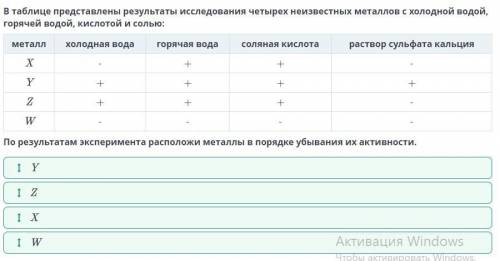 в таблице представлены результаты исследования 4 неизвестных металлов с холодной водой горячей водой