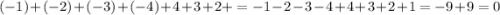 ( - 1) + ( - 2) + ( - 3) + ( - 4) + 4 + 3 + 2 + = - 1 - 2 - 3 - 4 + 4 + 3 + 2 + 1 = - 9 + 9 = 0