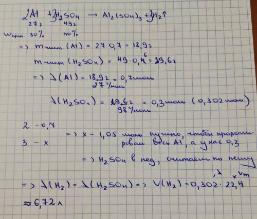 Найдите объём газа, который выделится при взаимодействии 27г алюминия, содержащего 30% примесей с ра