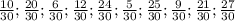 \frac{10}{30} ; \frac{20}{30} ; \frac{6}{30} ; \frac{12}{30} ; \frac{24}{30} ; \frac{5}{30} ; \frac{25}{30} ; \frac{9}{30} ; \frac{21}{30} ; \frac{27}{30}