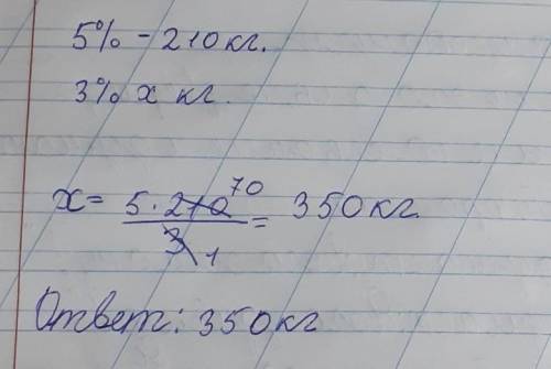 Морская вода содержит 5% соли . Сколько пресной воды надо добавить к 210кг морской, чтобы получить с