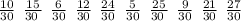 \frac{10}{30} \: \: \frac{15}{30 \: } \: \: \frac{6}{30} \: \: \frac{12}{30} \: \: \frac{24}{30} \: \: \frac{5}{30} \: \: \frac{25}{30 \: } \: \: \frac{9}{30} \: \: \frac{21}{30 } \: \: \frac{27}{30}