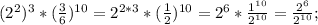 (2^{2})^{3}*(\frac{3}{6})^{10}=2^{2*3}*(\frac{1}{2})^{10}=2^{6}*\frac{1^{10}}{2^{10}}=\frac{2^{6}}{2^{10}};