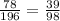 \frac{78}{196} =\frac{39}{98}