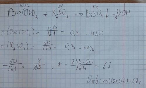 Вычислить количество осадка образовавшегося при взаимодействии 150 г гидроксида бария и 50 г сульфат