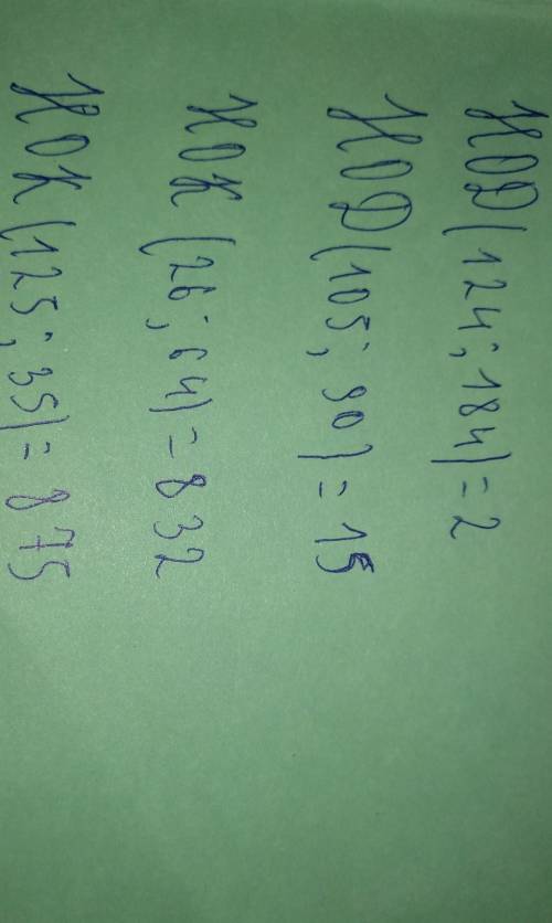 6. Найдите НОД(124_184), НОД(105,90)7.Найдите НОК(26,64)НОК(125,35)​