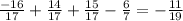 \frac{ - 16}{17} + \frac{14}{17} + \frac{15}{17} - \frac{6}{7} = - \frac{11}{19}