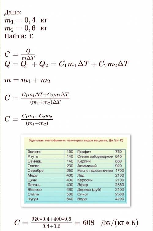 Чему равна теплоёмкость детали, состоящей из `400` г алюминия и `600` г меди?