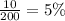 \frac{10}{200} = 5\%