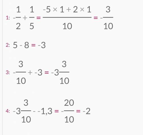 8. Найдите значение выражения: (-1/2+1/5)+(5-8)—(-1,3)