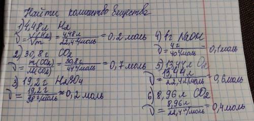 Определите количество вещества, содержащееся в: 4,48 л водорода 30,8 г углекислого газа 19,2 г сер