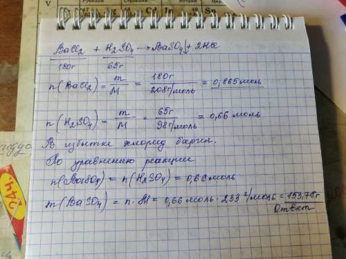 Смешали растворы, содержащие 180 г хлорида бария и 65 г серной кислоты. Найдите массу выпавшего осад