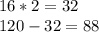 16*2=32\\120-32=88