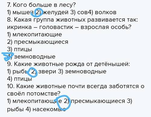 7. Кого больше в лесу? 1) мышей 2) желудей 3) сов4) волков8. Какая группа животных развивается так: