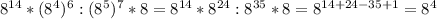 8^{14}*(8^4)^6:(8^5)^7*8=8^{14}*8^{24}:8^{35}*8=8^{14+24-35+1}=8^4