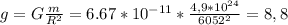 g=G\frac{m}{R^{2} } =6.67*10^{-11}*\frac{4,9*10^{24} }{6052^{2} } =8,8