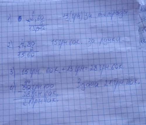 Ігор придбав 5 зошитів за ціною 2 грн 60 к. кожен та 2 ручки за ціною 7 грн 80 к. кожна. Скільки зда