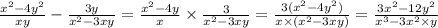 \frac{x {}^{2} - 4y {}^{2} }{xy} - \frac{3y}{x {}^{2} - 3xy} = \frac{x {}^{2} - 4y}{x} \times \frac{3}{x {}^{2} - 3xy } = \frac{3(x {}^{2} - 4y {}^{2} )}{x \times (x {}^{2} - 3xy)} = \frac{3x {}^{2} - 12y {}^{2} }{x {}^{3} - 3x {}^{2} \times y }