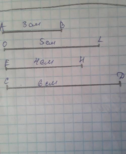 3. Начерти 4 отрезка: AB=3см, OL=5см, EH=4см, CD=6см.​