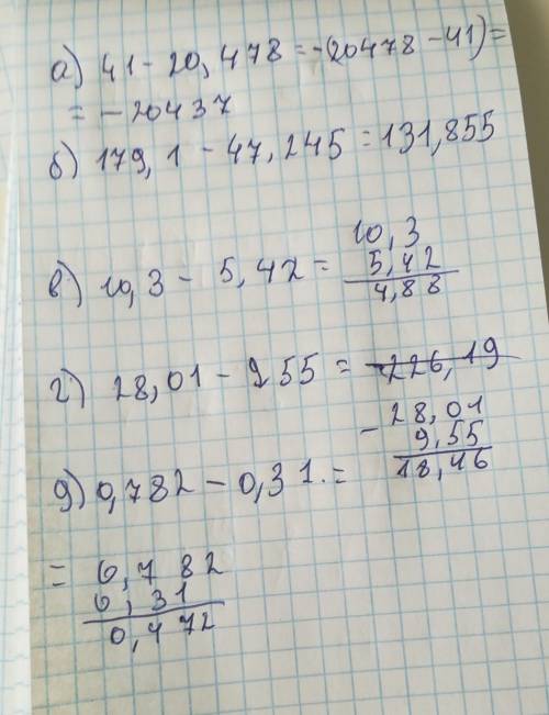 Выполните вычитание дробей: а) 41 – 20,478; б) 179,1 – 47,245; в) 10,3 – 5,42; г) 28,01 – 9,55; д)