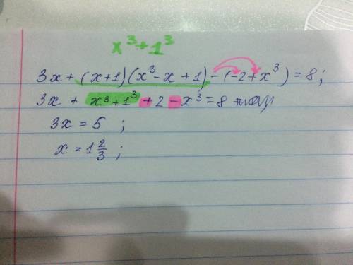 решить без графика 7 класс, 3x+(x+1)(x³-x+1)-(-2+x³)=8научите значение x.