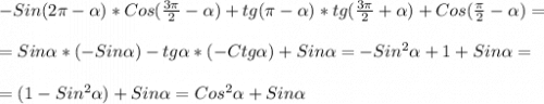 -Sin(2\pi-\alpha)*Cos(\frac{3\pi }{2}-\alpha)+tg(\pi-\alpha)*tg(\frac{3\pi }{2}+\alpha)+Cos(\frac{\pi }{2}-\alpha)=\\\\=Sin\alpha*(-Sin\alpha)-tg\alpha*(-Ctg\alpha)+Sin\alpha=-Sin^{2}\alpha+1+Sin\alpha=\\\\=(1-Sin^{2} \alpha)+Sin\alpha=Cos^{2} \alpha+Sin\alpha