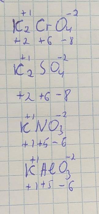 Степень окисления K2CrO4 , K2SO4 , KNO3 , KAlO3подскажите ​