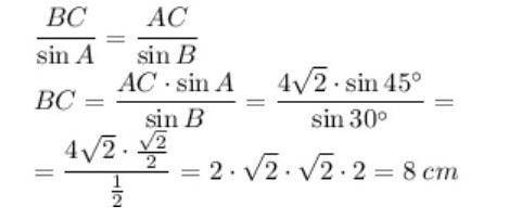 5. Дано: треугольник АВС, АС = 4√2 см, кутA = 45°, кутB = 30°. Знайдіть вс.​
