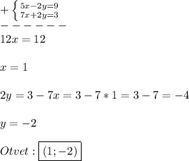 +\left \{ {{5x-2y=9} \atop {7x+2y=3}} \right.\\------\\12x=12\\\\x=1\\\\2y=3-7x=3-7*1=3-7=-4\\\\y=-2\\\\Otvet:\boxed{(1; - 2)}