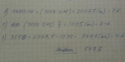 На складе было 3650 кг овощей. Первого дня вывезли 0.45 этого количества, второго дня – 2/3 того, чт