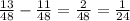 \frac{13}{48} - \frac{11}{48} = \frac{2}{48} = \frac{1}{24}