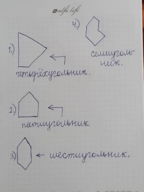 322.Начертите: 1) чертырёхугольник ;2)пятиугольник; 3)шестиугольник; 4)семиугольник отдам