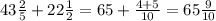 43\frac{2}{5} + 22 \frac{1}{2} = 65 + \frac{4 + 5}{10} = 65 \frac{9}{10}