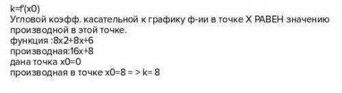 Найди угловой коэффициент касательной к графику функции f(x)=8x2+3x+5 в точке с абсциссой x0=0.