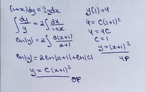 решить уравнение. 2ydx = (1+x)dy если y(1) = 4