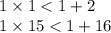 1 \times 1 < 1 + 2 \\ 1 \times 15 < 1 + 16