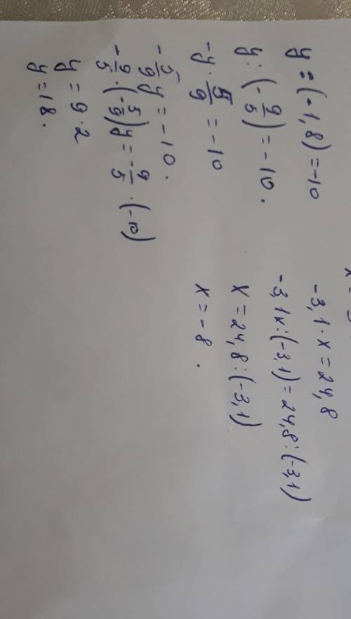 1) х: (-16)= -6 2) 30,5: х= - 6,1 3) у: (-1,8)= -10 4) -3,1 х=24,8 5) 12,5х= -50 ж