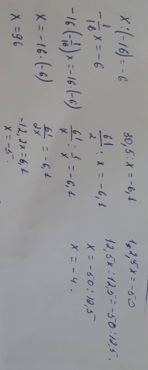 1) х: (-16)= -6 2) 30,5: х= - 6,1 3) у: (-1,8)= -10 4) -3,1 х=24,8 5) 12,5х= -50 ж