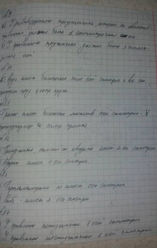 9. сколько осей симметрии имеет: а) равнобедренный треуголь- ник, не являющийся правильным; б) прави