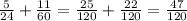 \frac{5}{24} + \frac{11}{60} = \frac{25}{120} + \frac{22}{120} = \frac{47}{120}