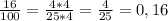 \frac{16}{100} = \frac{4*4}{25*4} = \frac{4}{25} = 0,16