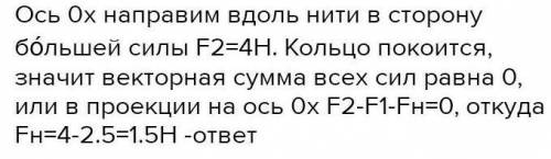 К небольшому колечку прицепили крючки двух динамометров и нить. Корпусы динамометров расположены на