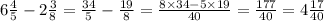 6 \frac{4}{5} - 2 \frac{3}{8} = \frac{34}{5} - \frac{19}{8} = \frac{8 \times 34 - 5 \times 19}{40} = \frac{177}{40} = 4 \frac{17}{40}